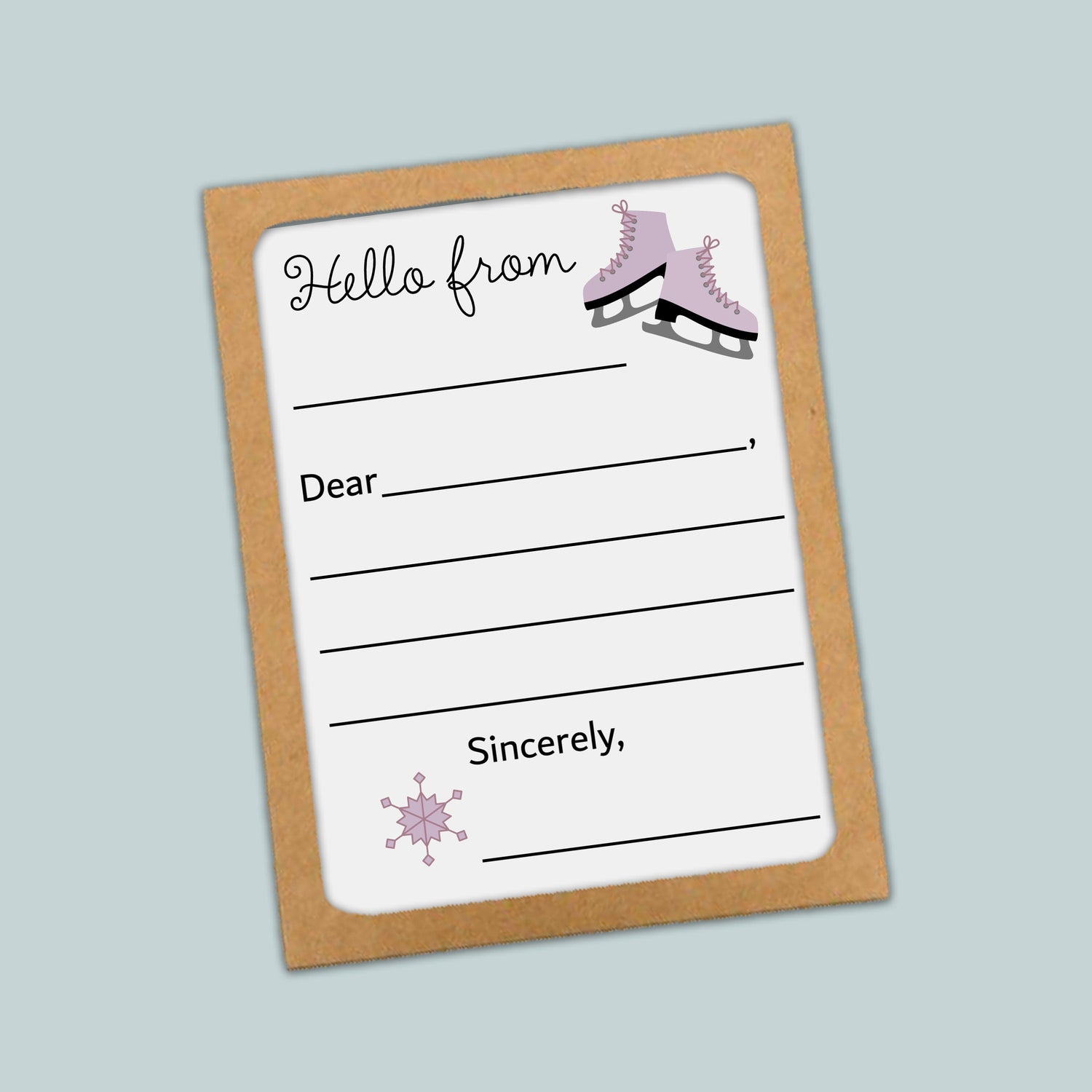 The image is a greeting card with a snowflake design and a pair of skates on the top left corner. The card has a blank space for a message and a blank space for a recipient&