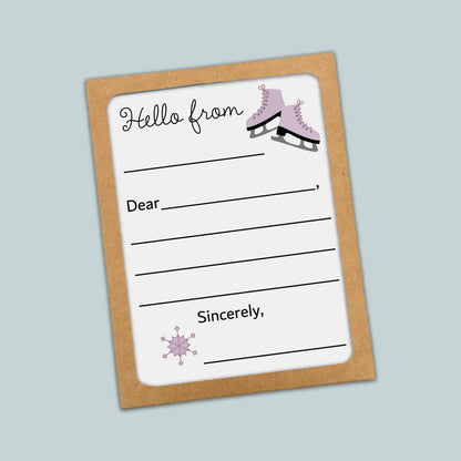 The image is a greeting card with a snowflake design and a pair of skates on the top left corner. The card has a blank space for a message and a blank space for a recipient&