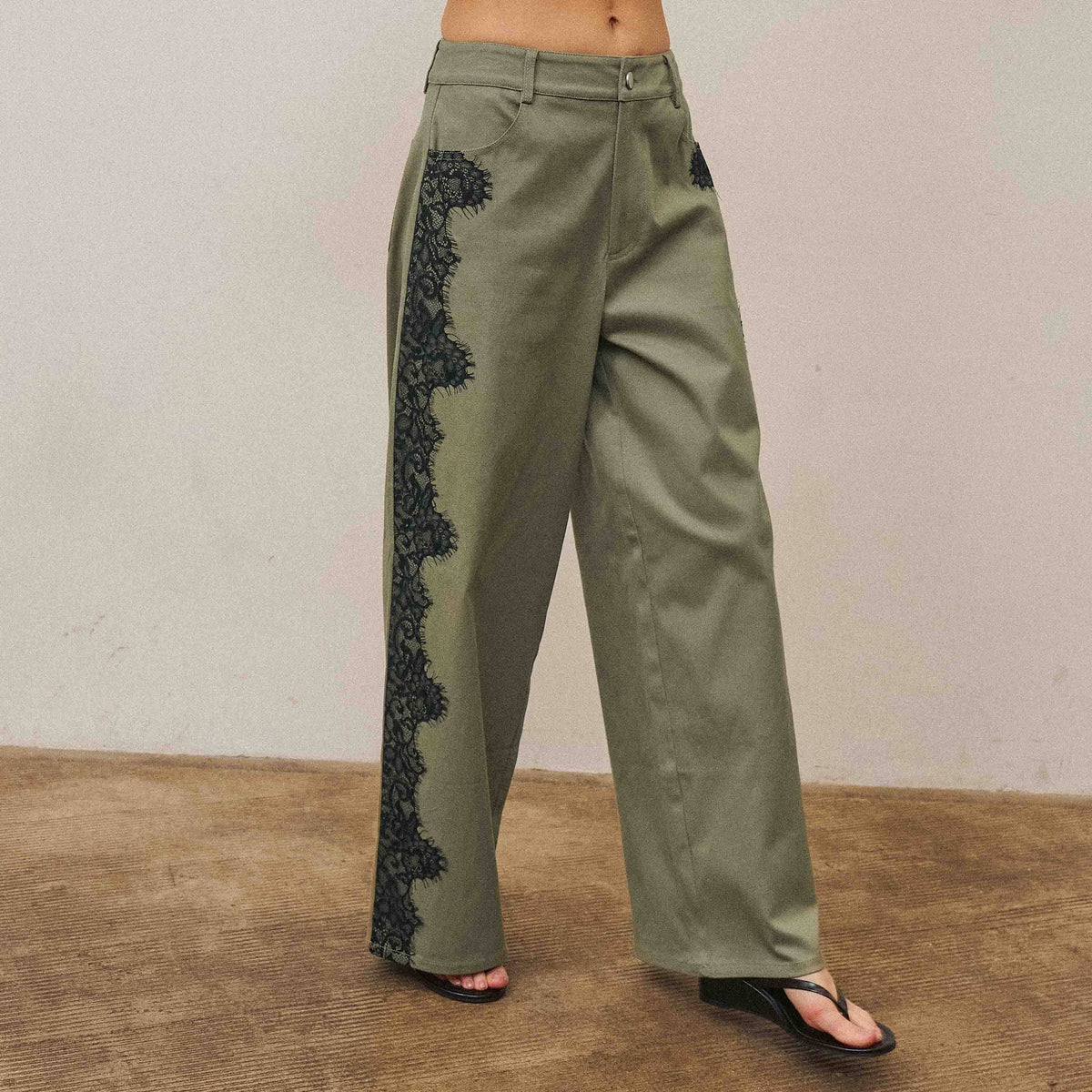 The Margot Lace-Trim Twill Pant — Olive