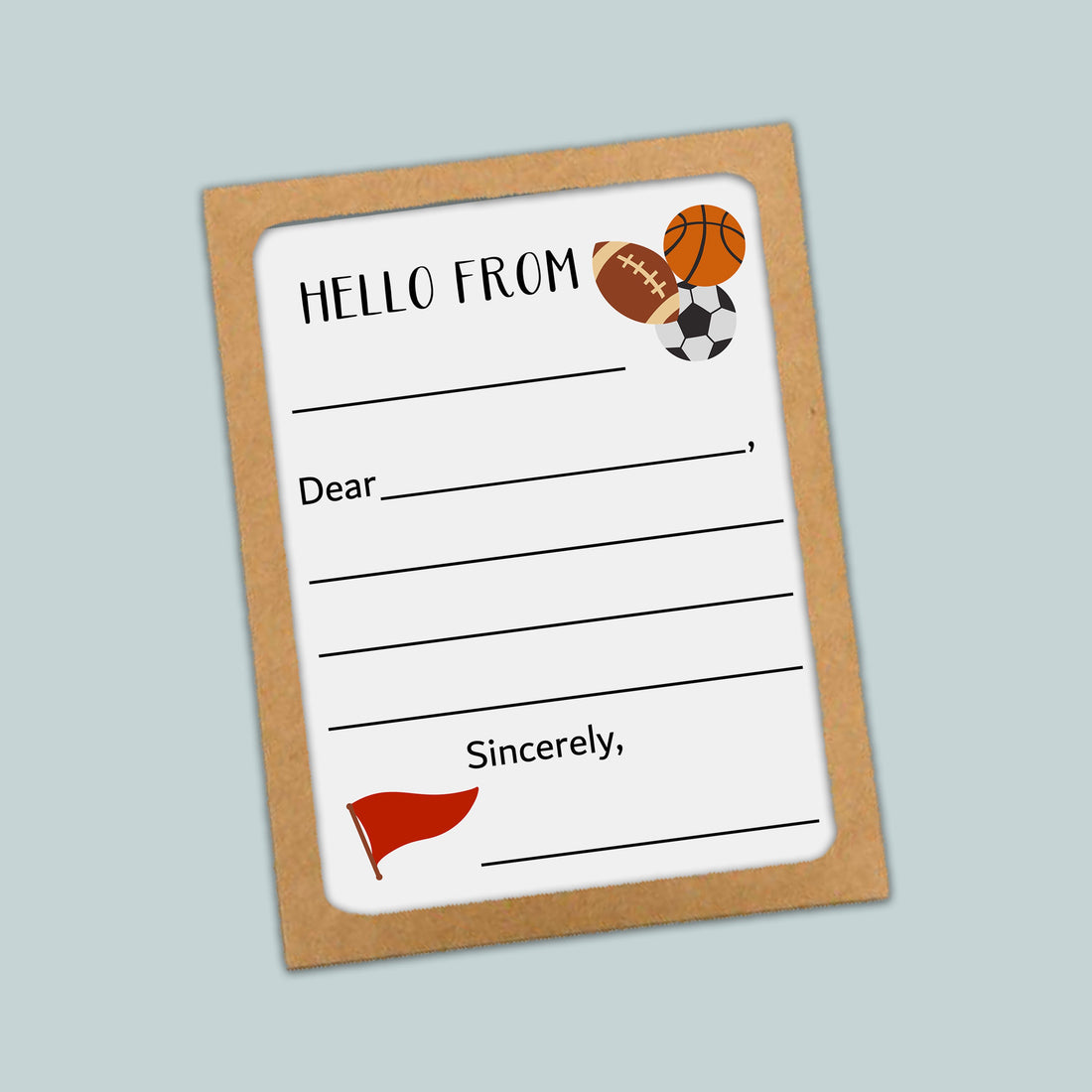 The image is a greeting card with a sports theme, featuring a basketball, soccer ball, and a flag. The card has a blank space for a message and a blank space for a name.