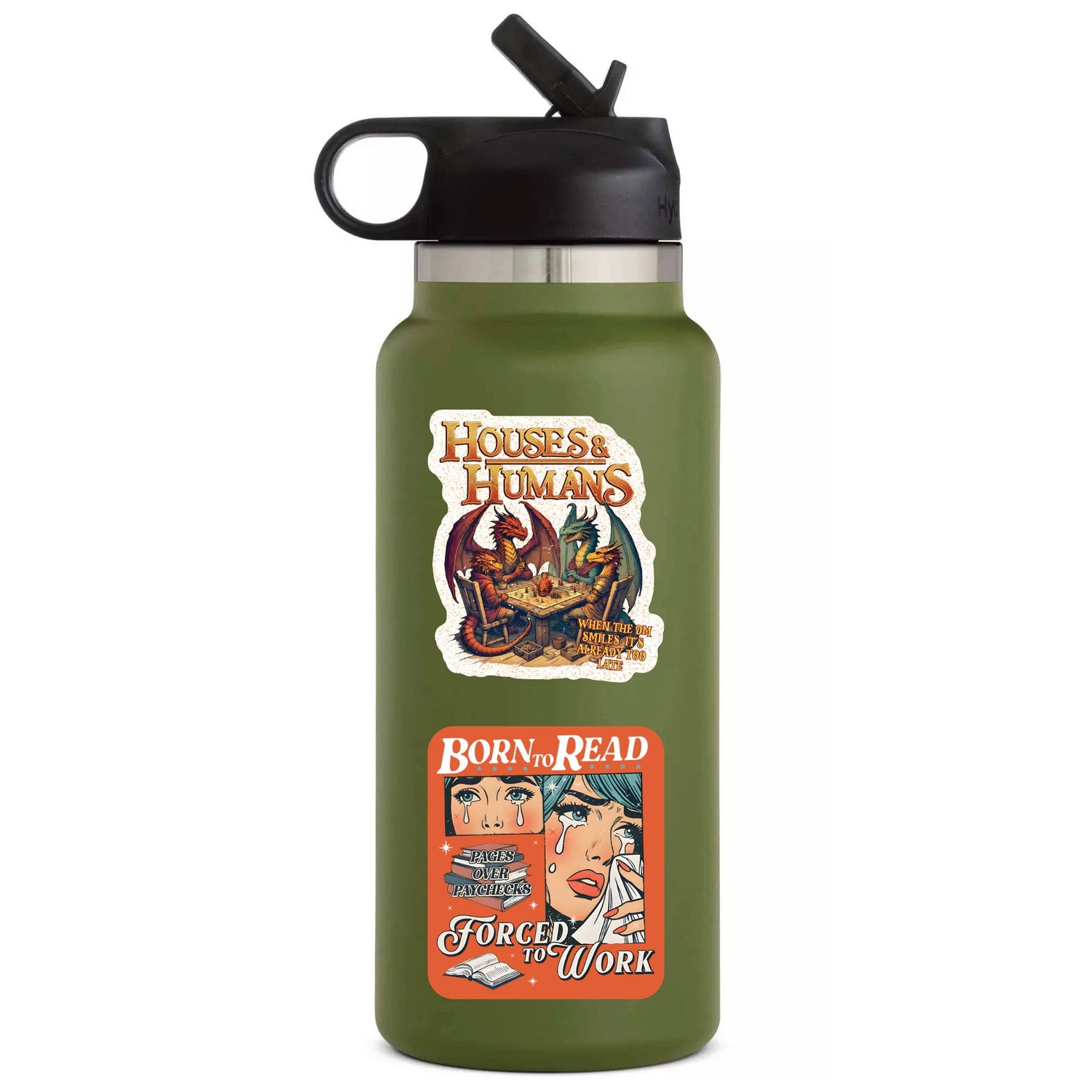 Green water bottle with &