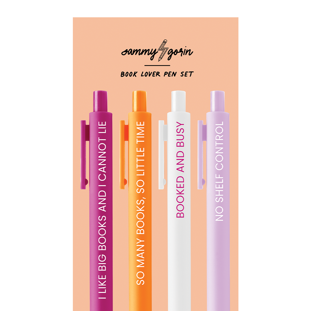 Set of four pens with motivational phrases on a peach background, featuring the brand &