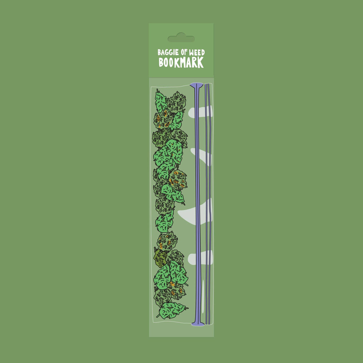 Packaged bookmark with green leaf design on a green background