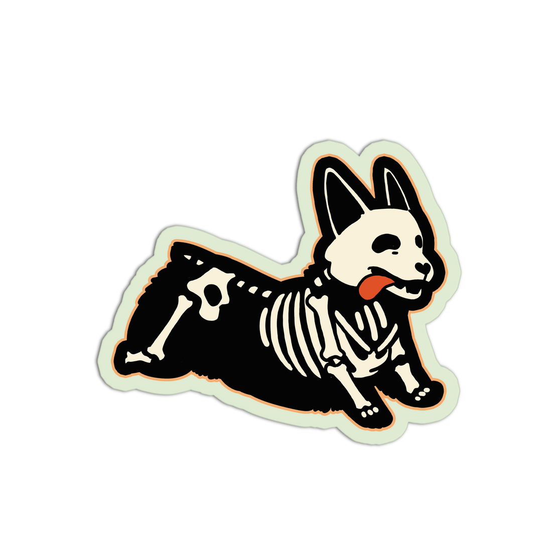 Sticker of a dog with a skeleton design on a white background