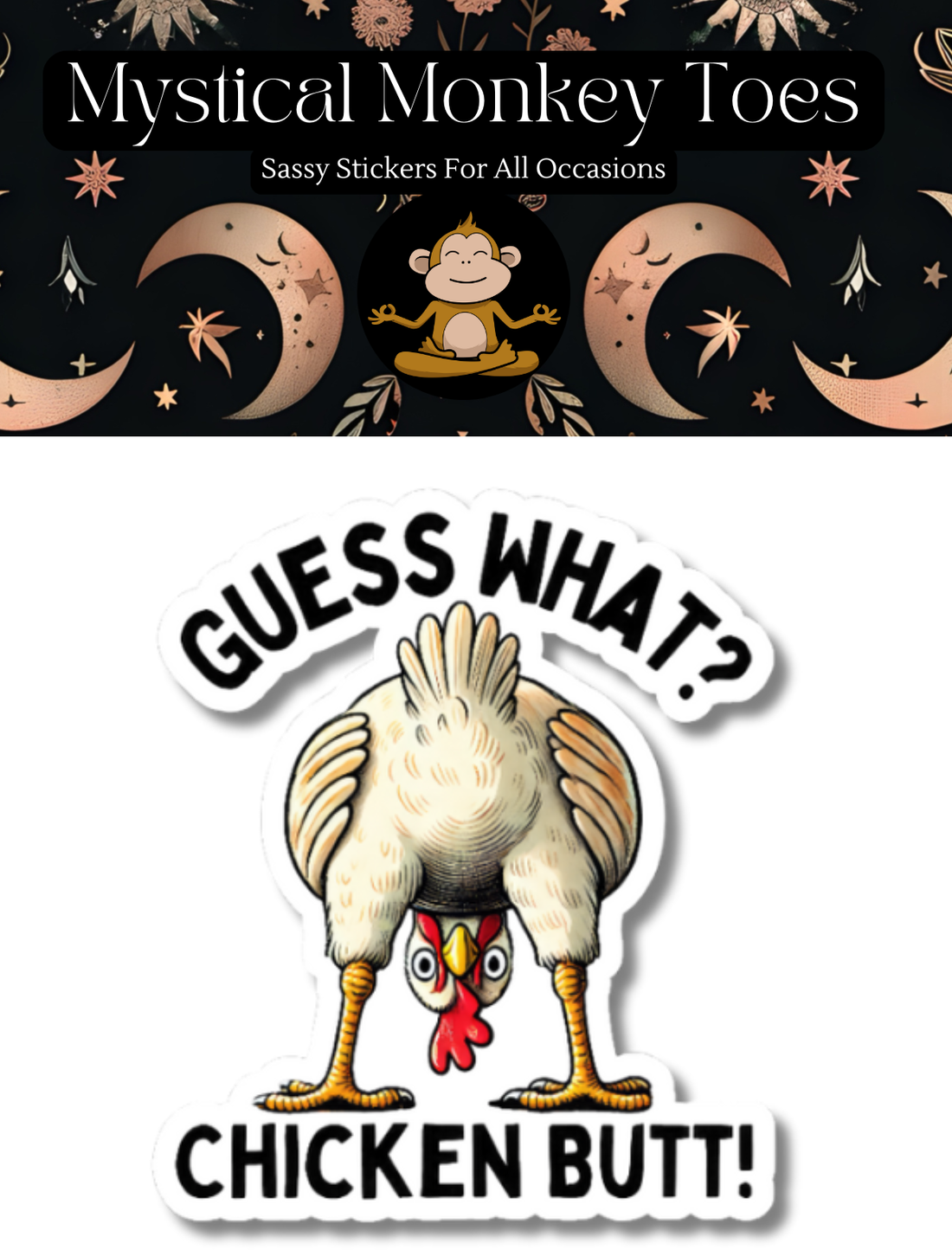 Sticker with a cartoon chicken and text &