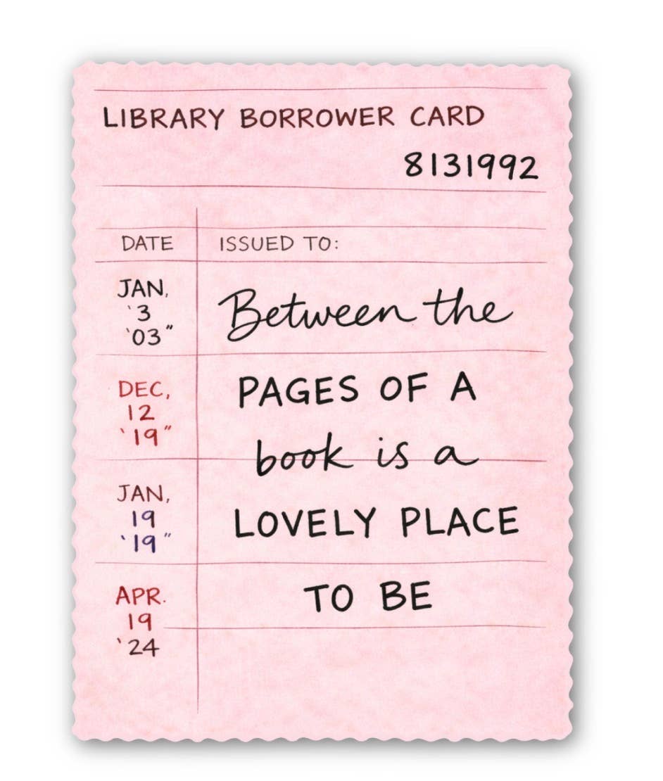 Pink library borrower card sticker with text &