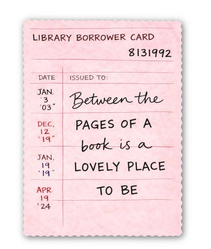 Pink library borrower card sticker with text &
