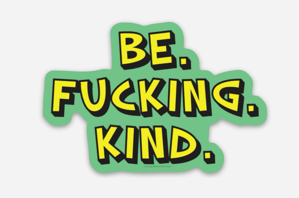 A die-cut sticker with the text &