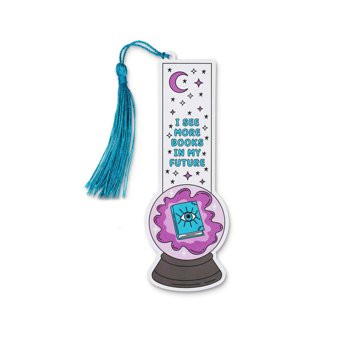 Bookmark with a tassel featuring a crystal ball design and text on a white background