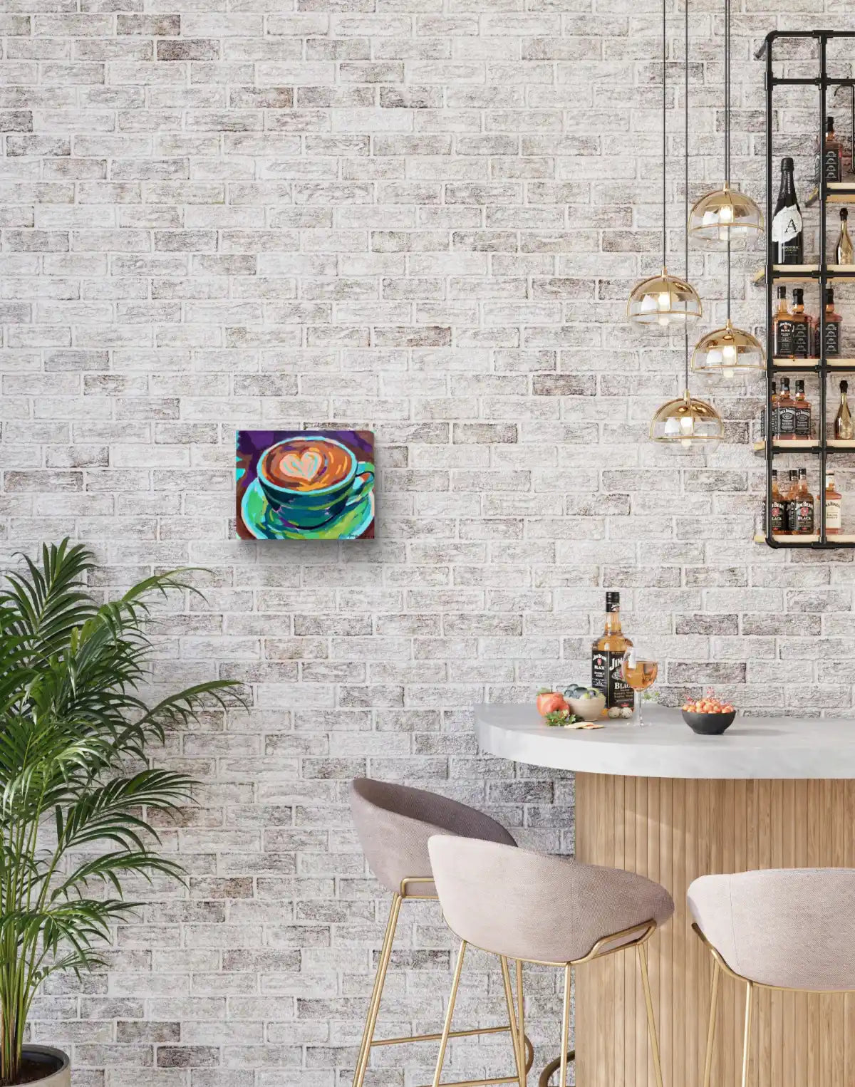 Original Latte Art Painting – Colorful Coffee Cup Acrylic Canvas, 14x11