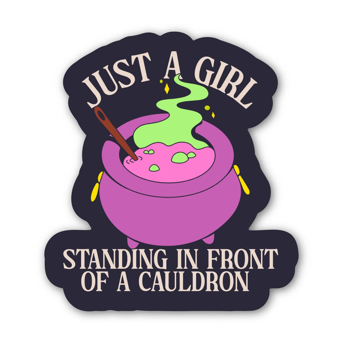 A die-cut sticker featuring a cartoon cauldron with pink potion and green steam, plus the text &