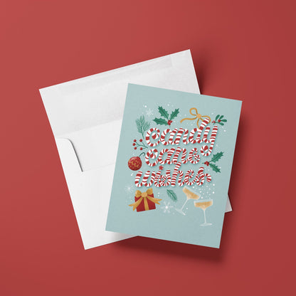 Christmas-themed greeting card with candy cane design on a red background