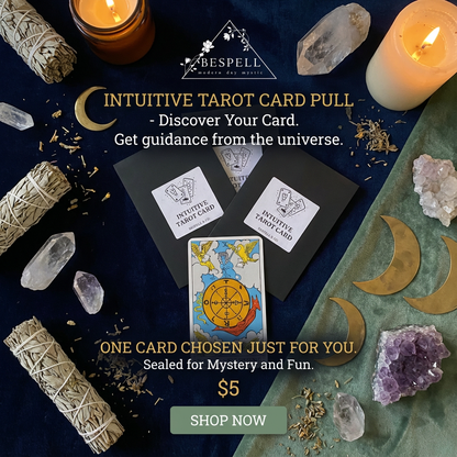 Intuitive Tarot Card Pull advertisement with tarot cards, candles, and crystals on a dark background.