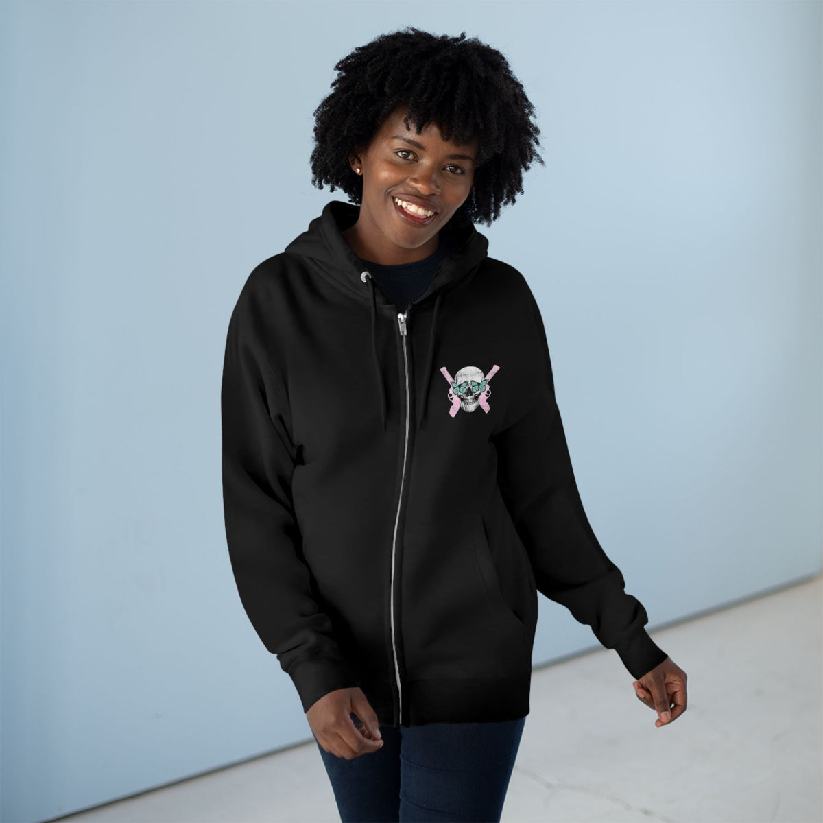 Protect the Dolls Zip Hoodie — Pink Skull &amp; Crossed Guns Trans Rights Hoodie