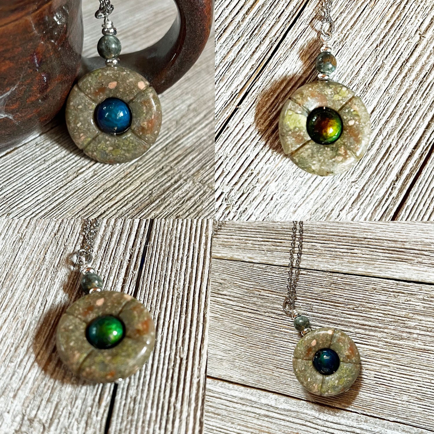 Four images display the Jasper Mood Bead Necklace | Color-Changing Mood Jewelry on a silver chain, featuring a round jasper pendant, an iridescent mood bead, and a small accent bead, shown on wood or beside a ceramic mug.