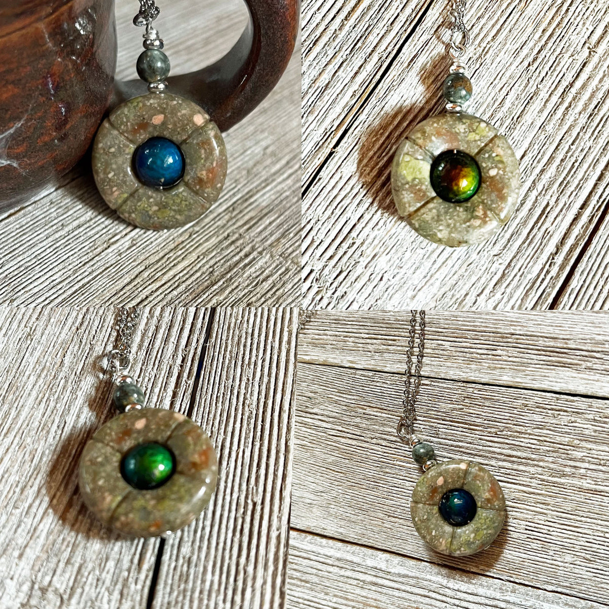 Four images display the Jasper Mood Bead Necklace | Color-Changing Mood Jewelry on a silver chain, featuring a round jasper pendant, an iridescent mood bead, and a small accent bead, shown on wood or beside a ceramic mug.