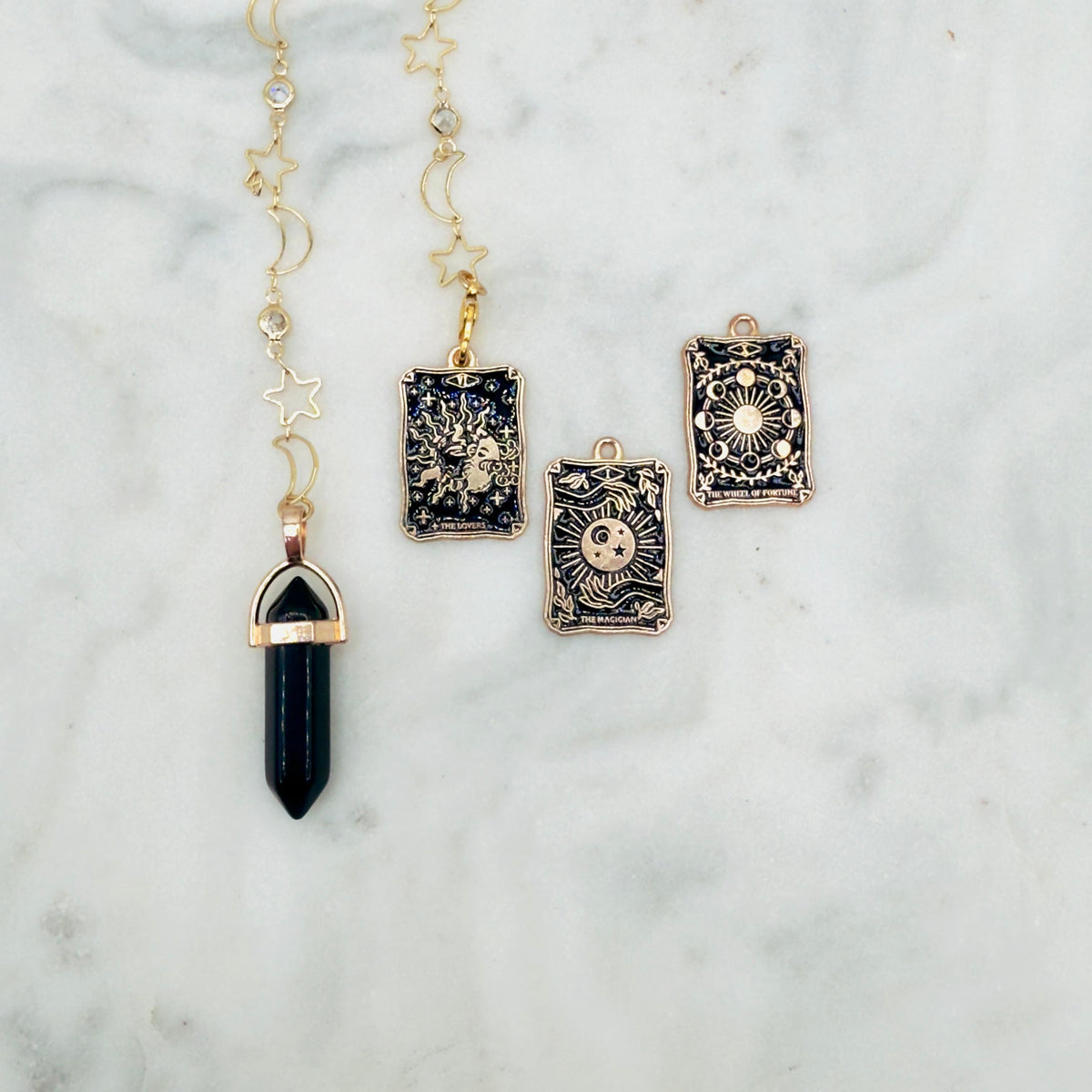 Obsidian Pendulum Stars and Moon Chain with 3 Tarot Charms Past-Present-Future Reading