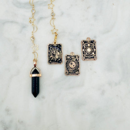 Obsidian Pendulum Stars and Moon Chain with 3 Tarot Charms Past-Present-Future Reading