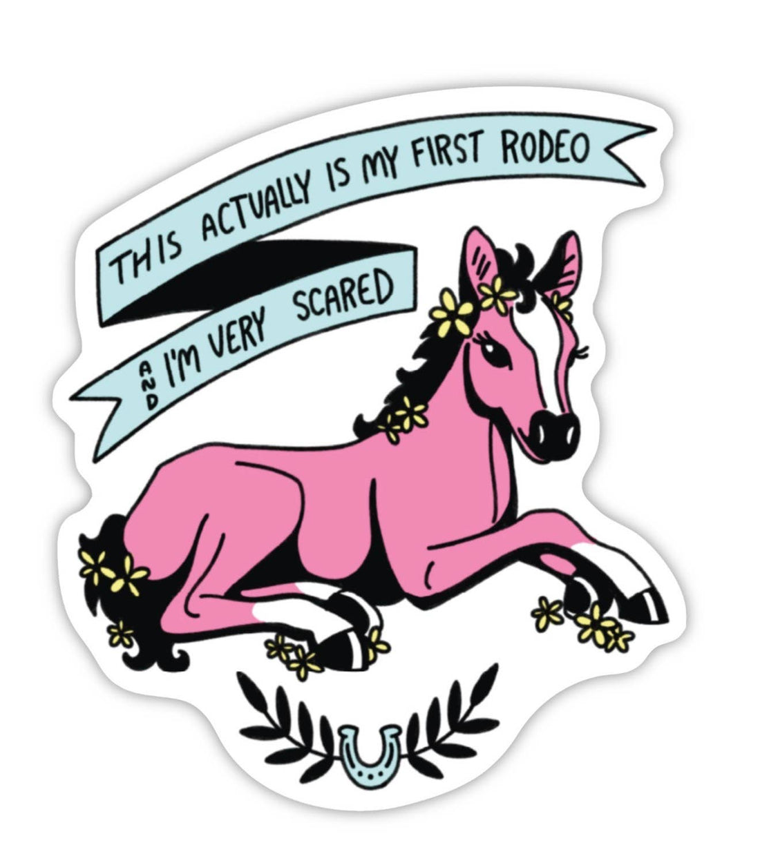 Sticker with a pink horse and text &