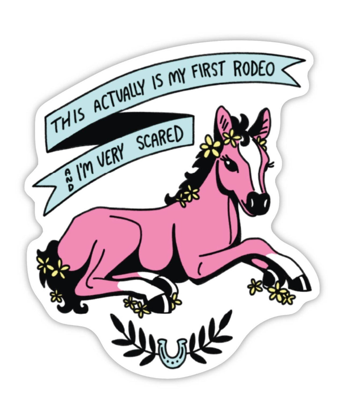 Sticker with a pink horse and text &