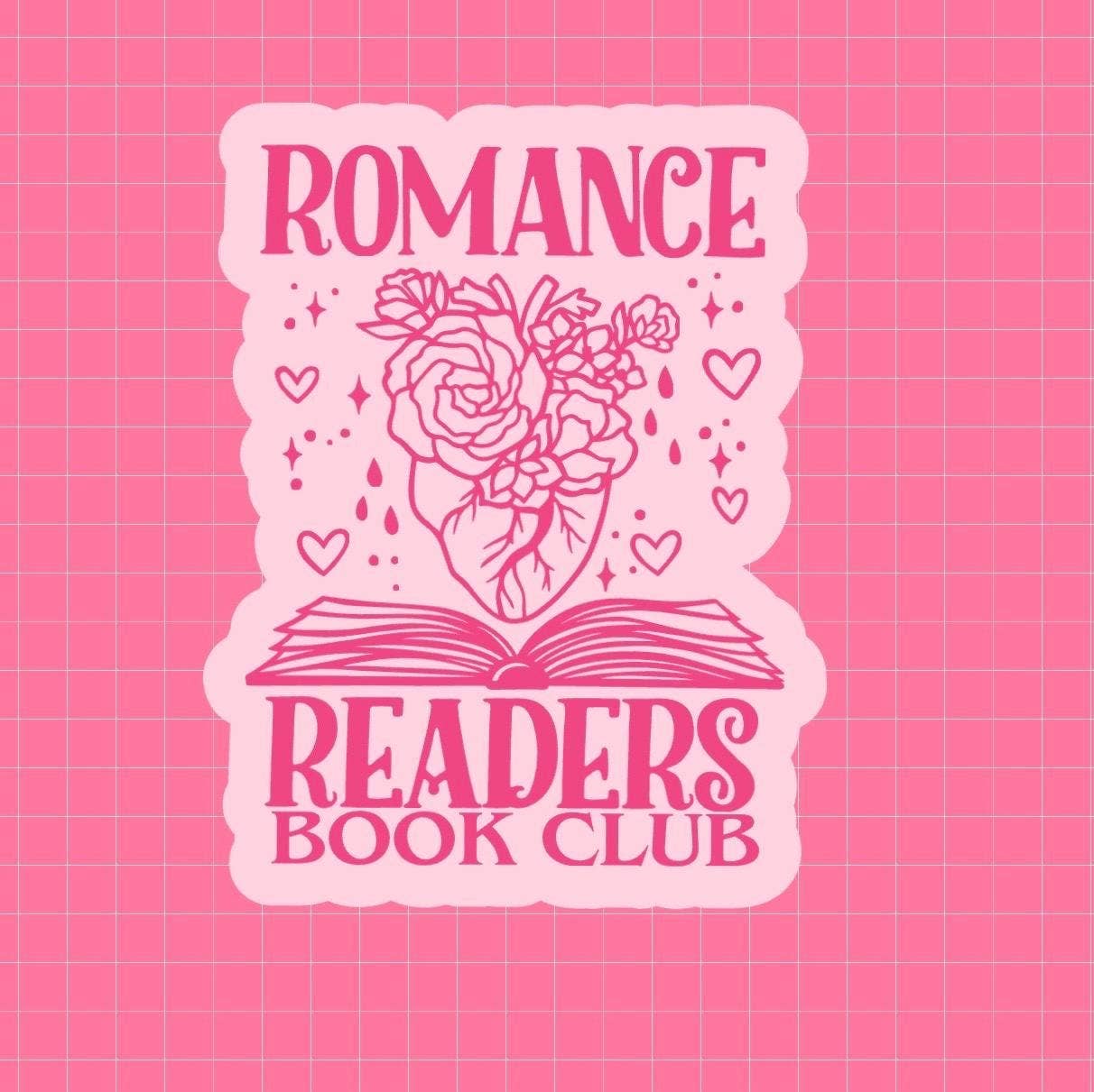 Logo for Romance Readers Book Club with an open book and heart illustration on a pink grid background.