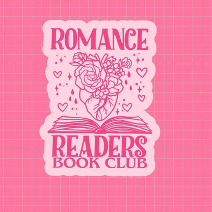 Logo for Romance Readers Book Club with an open book and heart illustration on a pink grid background.