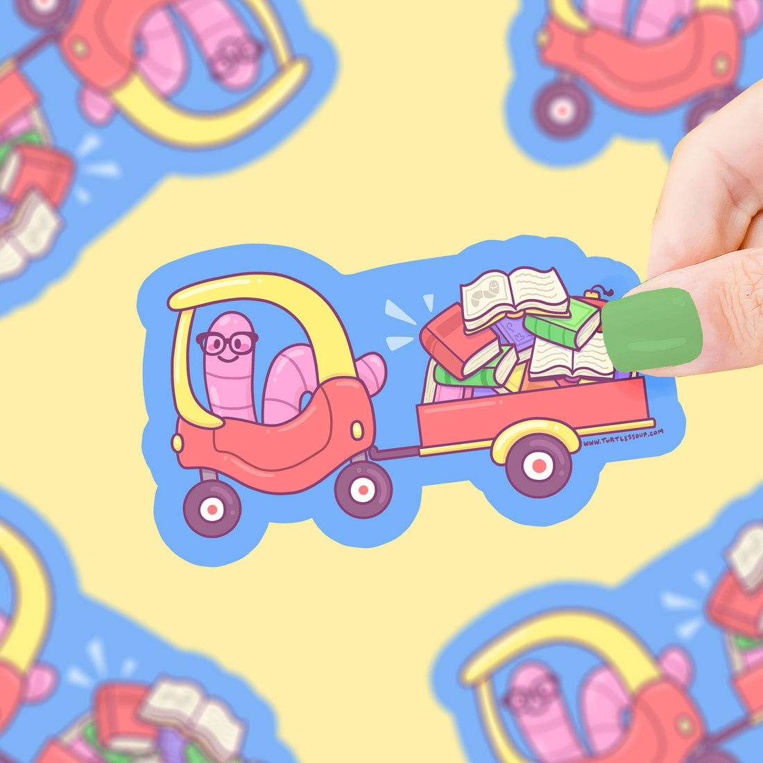 Cartoon character driving a car with books, surrounded by more similar stickers on a yellow background.