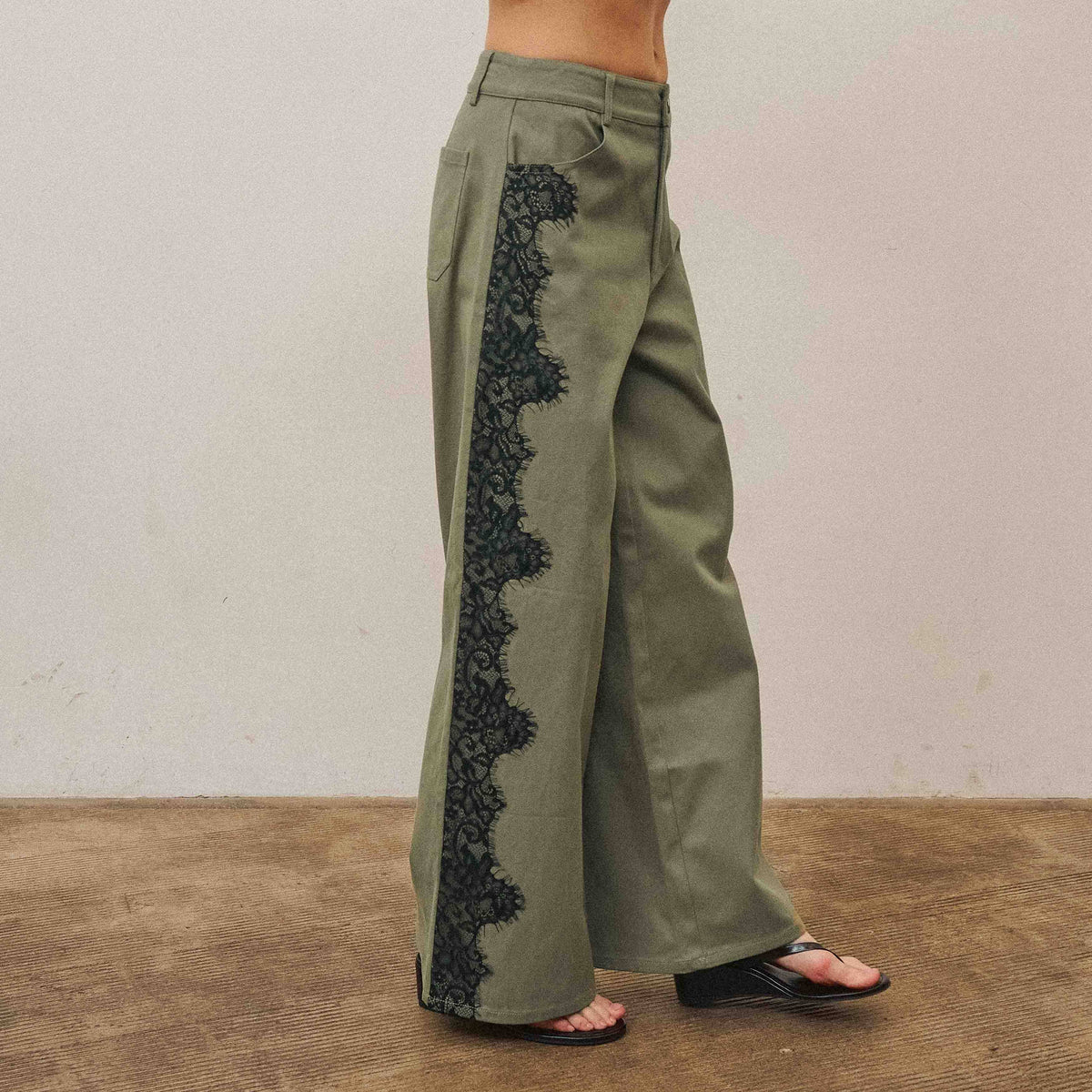 The Margot Lace-Trim Twill Pant — Olive