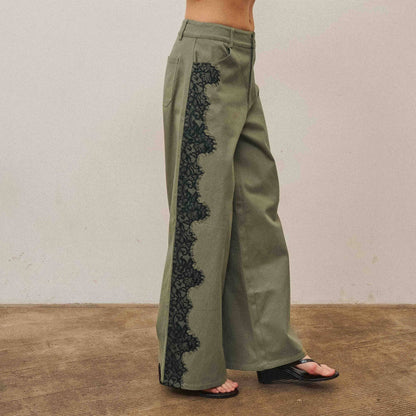 The Margot Lace-Trim Twill Pant — Olive