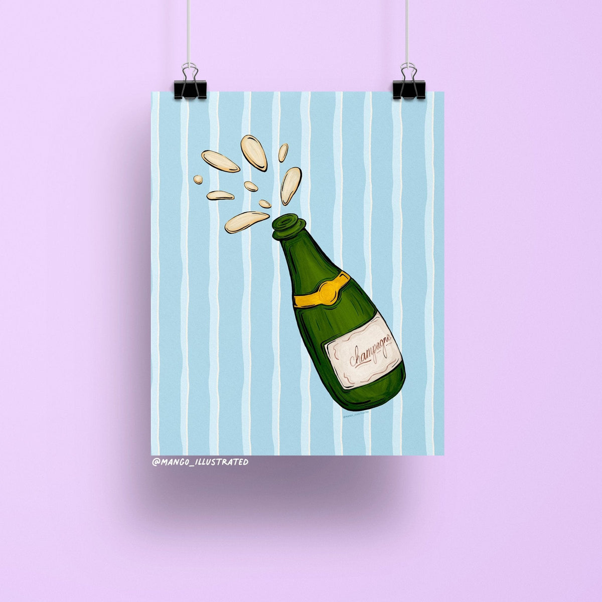 Champagne art print — green champagne bottle popping with golden fizz on a blue and white striped background, 8 x 10 in, by MangoIllustrated
