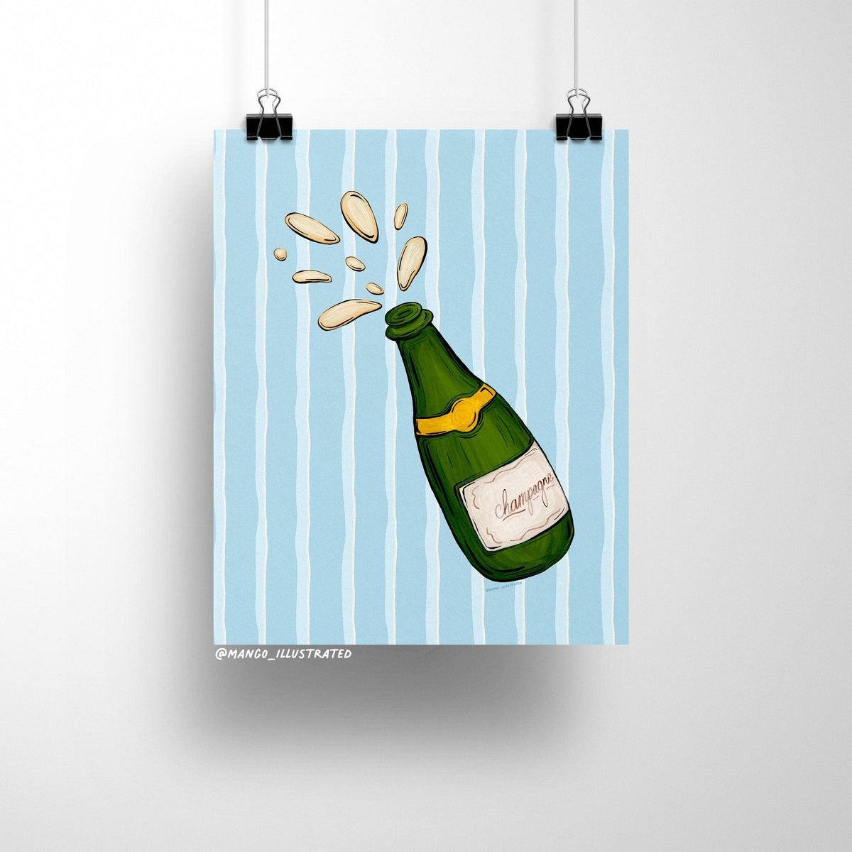 Champagne art print detail — close up of the golden fizz and striped background illustration, by indie artist MangoIllustrated