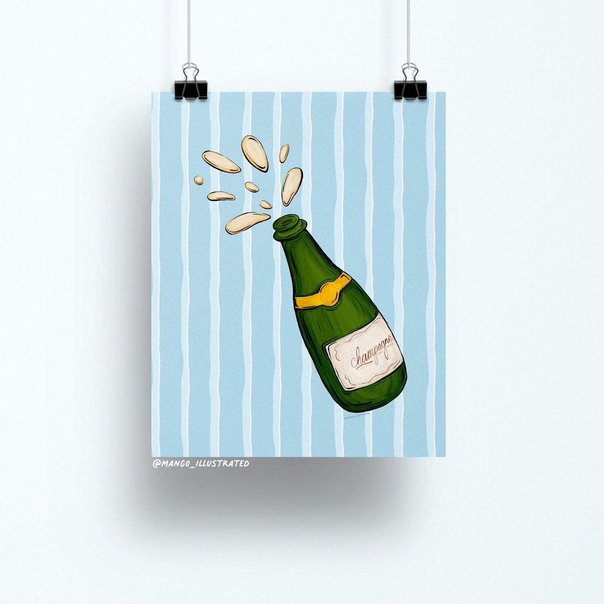 Champagne art print flat lay — celebratory bar cart wall art on matte art paper, by indie artist MangoIllustrated