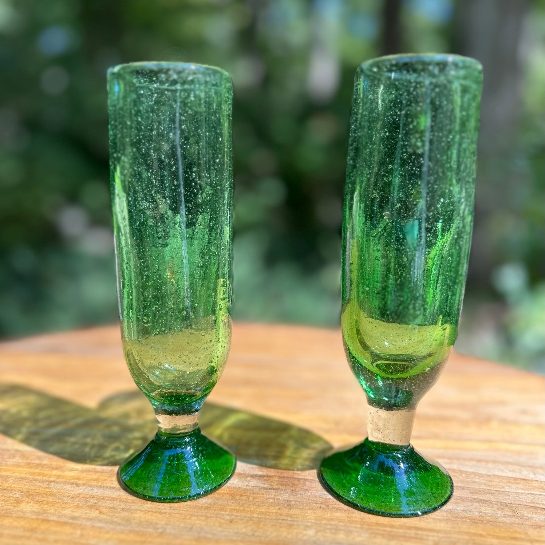 Handblown Green Champagne Flutes, Set of 2