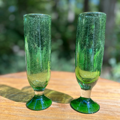 Handblown Green Champagne Flutes, Set of 2