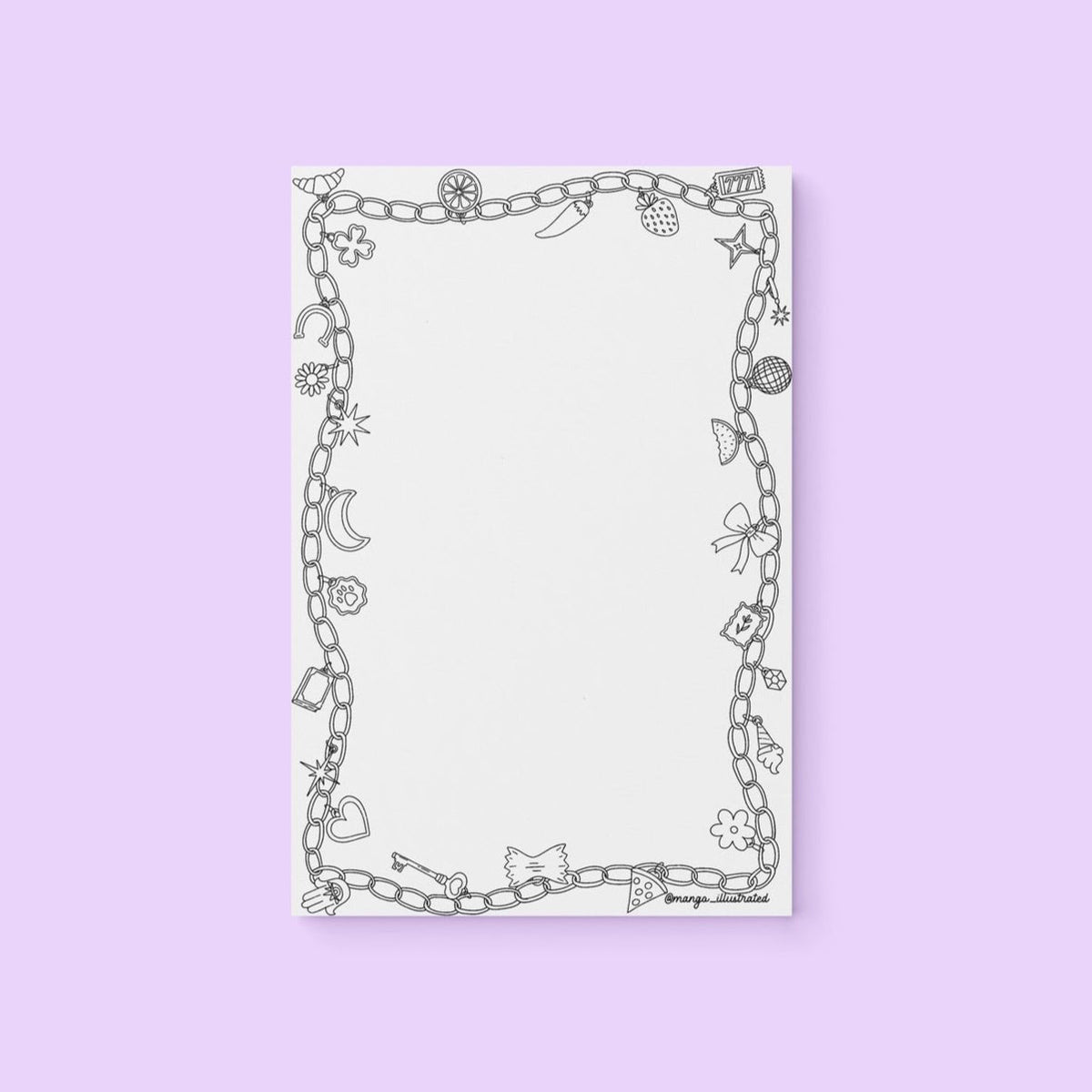 Charm doodles color-in notepad — hand drawn charm bracelet chain border with hearts and stars, 8.5 x 5.5 inches, by MangoIllustrated