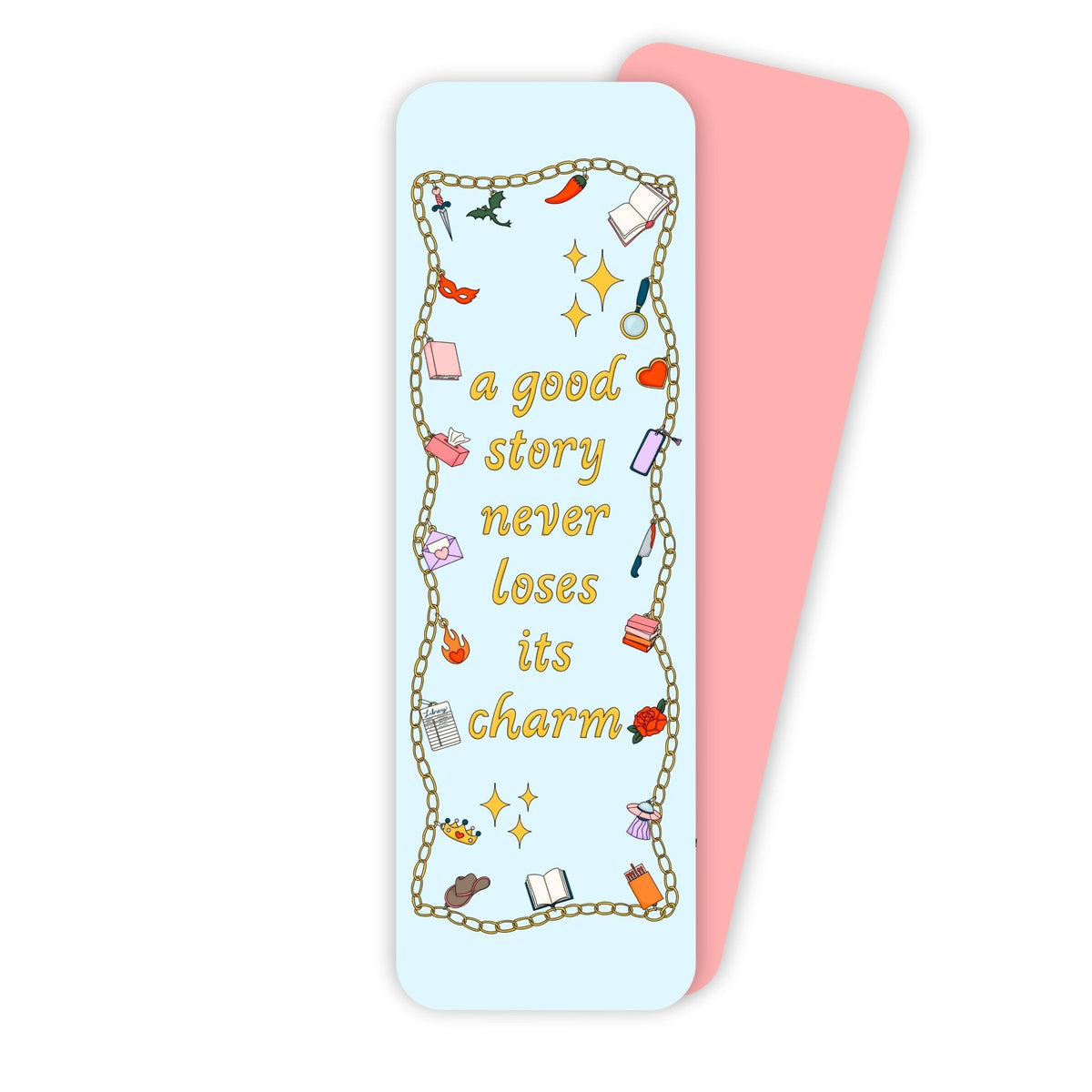 Charms Bookmark — hand lettered a good story never loses its charm inside a gold charm chain border, 2x6 in, by MangoIllustrated