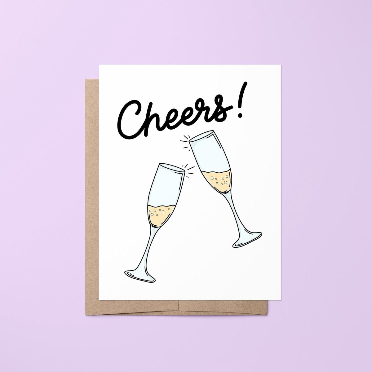 Cheers champagne card — hand lettered Cheers greeting with two hand drawn champagne flutes clinking, folded 4.25 x 5.5 in A2, by MangoIllustrated