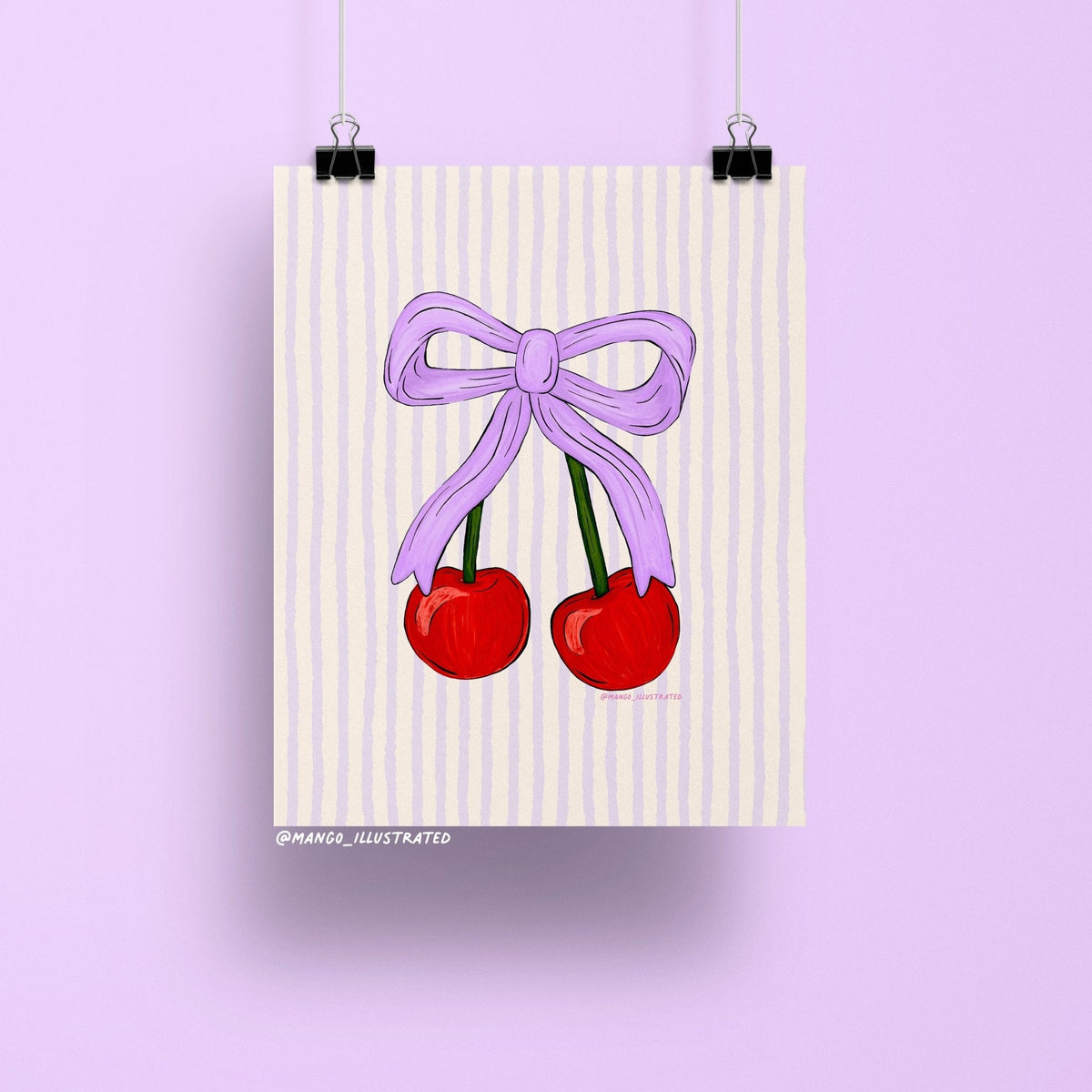 Cherries art print flat lay — coquette fruit wall art on matte art paper, by indie artist MangoIllustrated