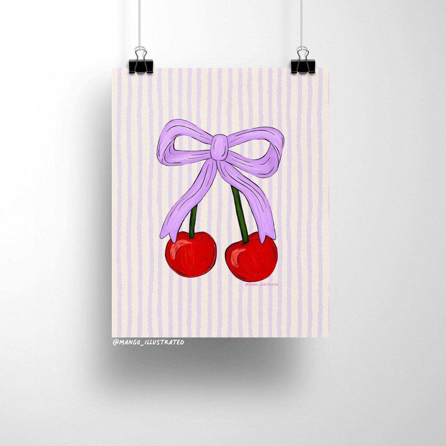 8x10 art print of two red cherries tied together with a lavender bow on a pastel vertical striped background