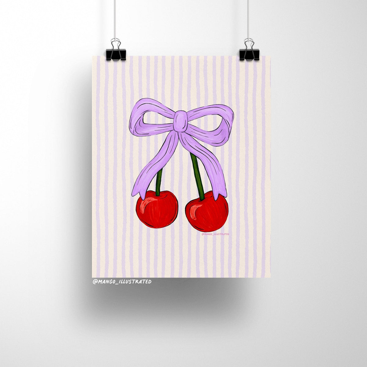 Cherries art print detail — close up of the lavender bow and cherry illustration, by indie artist MangoIllustrated