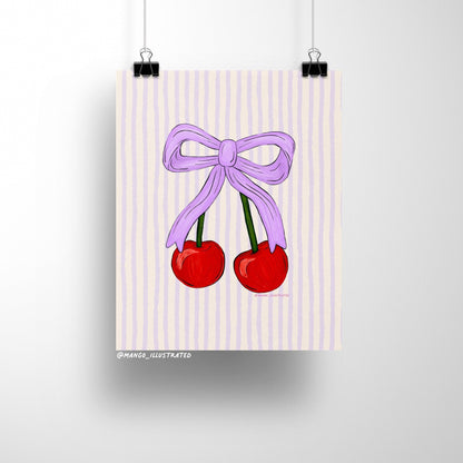 Cherries art print detail — close up of the lavender bow and cherry illustration, by indie artist MangoIllustrated