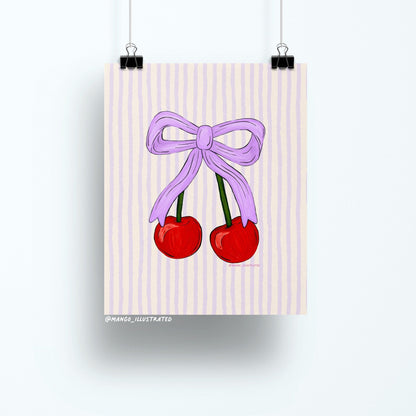 Cherries art print — two red cherries tied with a lavender bow on a pastel striped background, 8 x 10 in, by MangoIllustrated