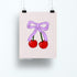 Cherries art print — two red cherries tied with a lavender bow on a pastel striped background, 8 x 10 in, by MangoIllustrated