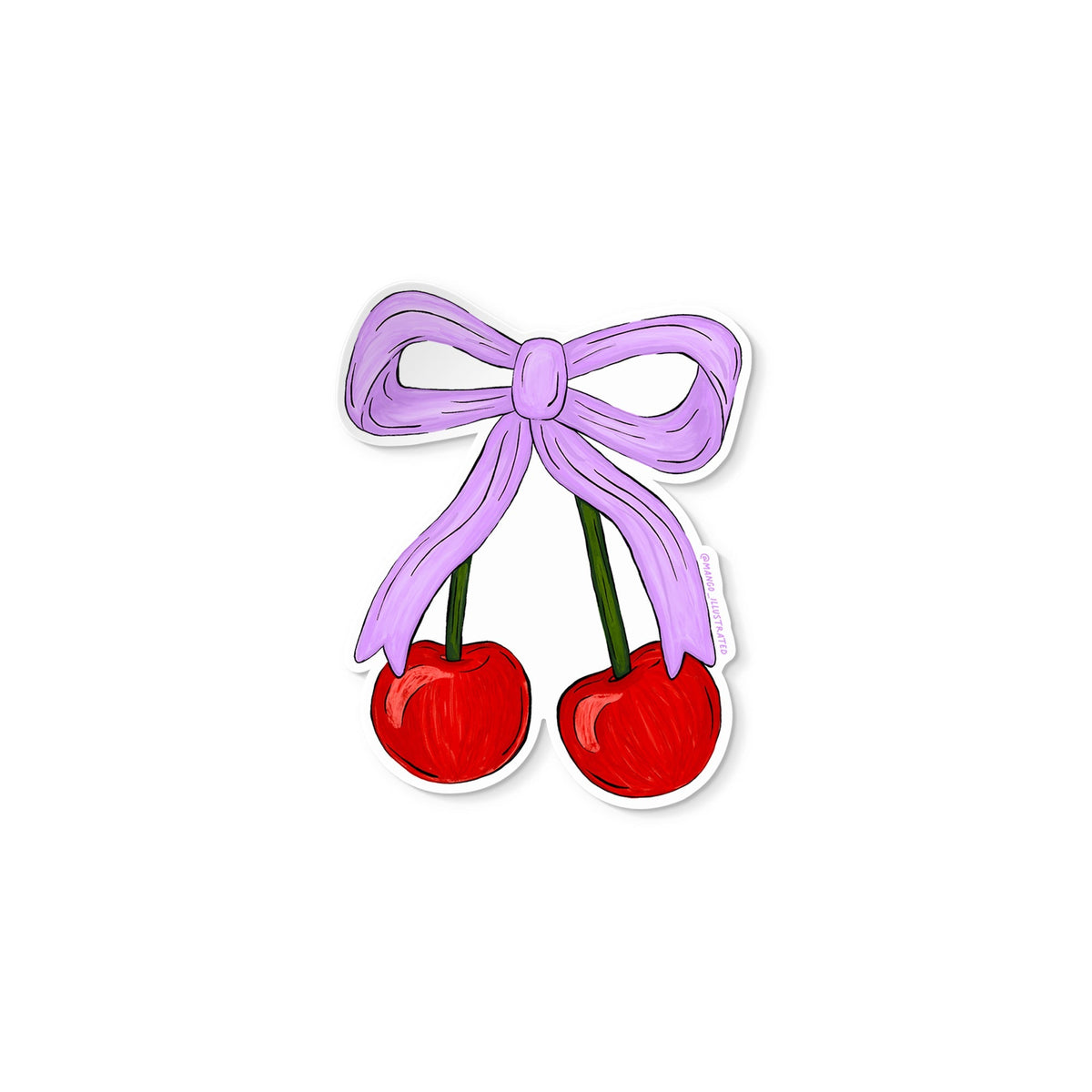 Cherries sticker flat lay — coquette cherry bow vinyl sticker for phone cases, water bottles and journals by indie artist MangoIllustrated