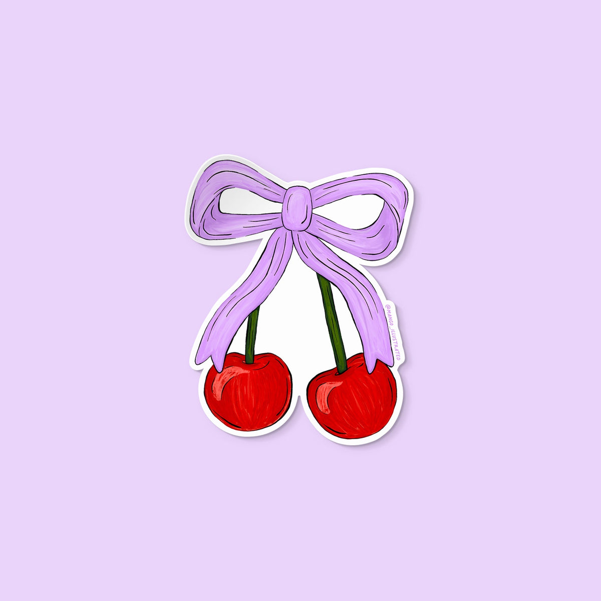 Cherries sticker — two hand-drawn red cherries tied together with a pastel lavender bow, approximately 3 in x 3 in, by MangoIllustrated