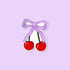 Vinyl sticker of two red cherries tied together with a lavender bow illustration.