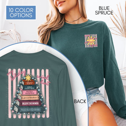 christmas-book-tree-unisex-long-sleeve-tee-holiday-activism-shirt-literary-activist-top-reader-gift-comfort-colors-blue-spruce