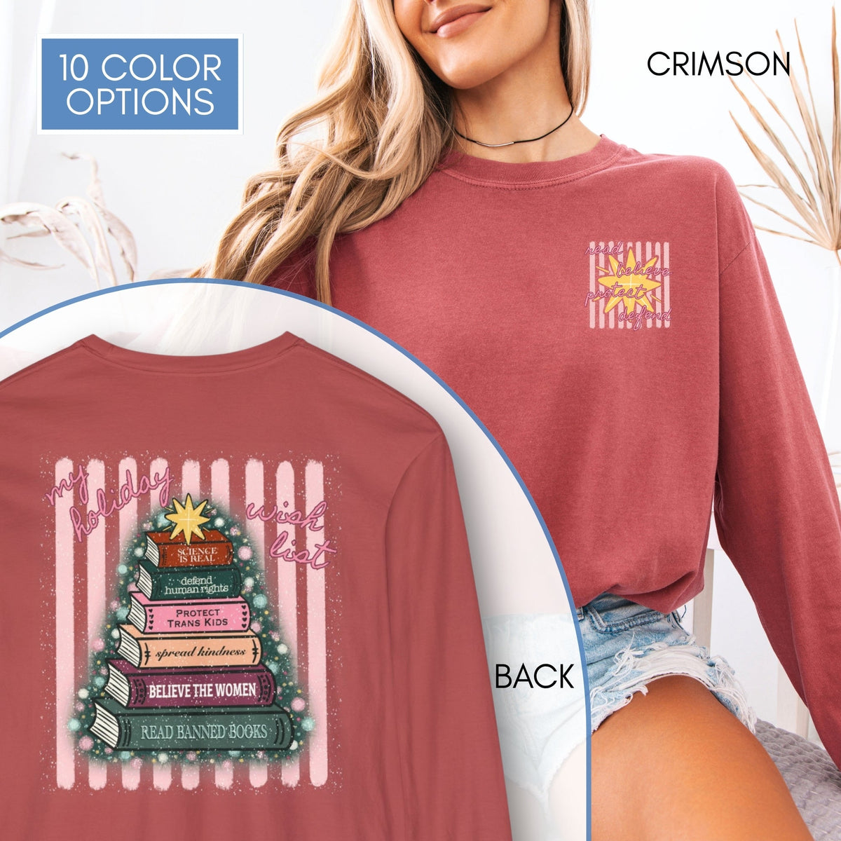 christmas-book-tree-unisex-long-sleeve-tee-holiday-activism-shirt-literary-activist-top-reader-gift-comfort-colors-crimson