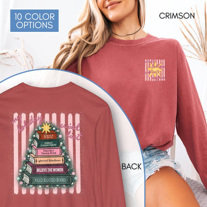 christmas-book-tree-unisex-long-sleeve-tee-holiday-activism-shirt-literary-activist-top-reader-gift-comfort-colors-crimson