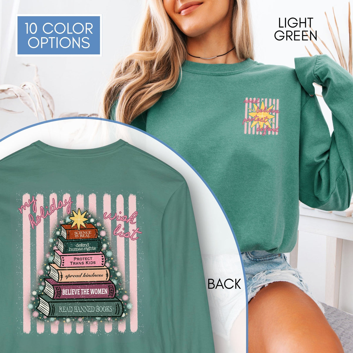 christmas-book-tree-unisex-long-sleeve-tee-holiday-activism-shirt-literary-activist-top-reader-gift-comfort-colors-light-green